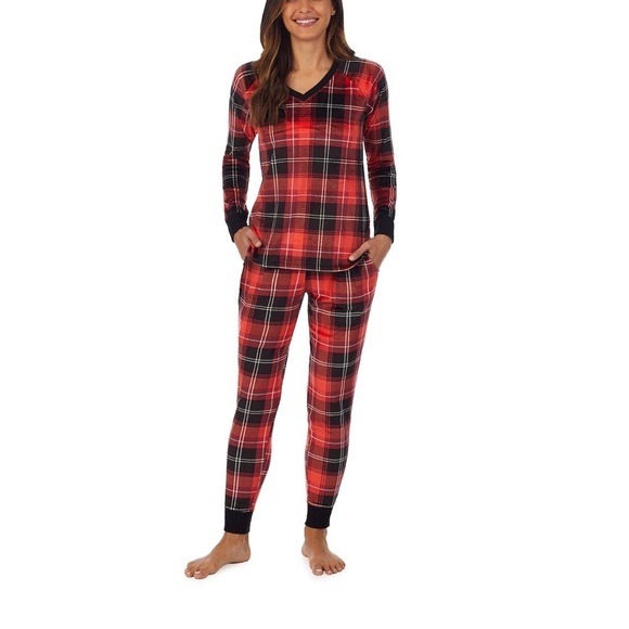 🆕Cuddl Duds Velour Plaid 2 Piece Pajama Set Black/Red Size M - Picture 1 of 4